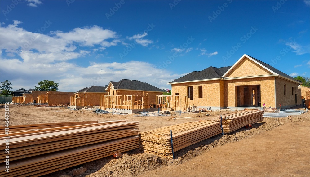 New home development construction site; newly developed subdivision with new construction; brand new suburbs; American home construction site; homes built with wood; new home developers New home development construction site; newly developed subdivision with new construction; brand new suburbs; American home construction site; homes built with wood; new home developers