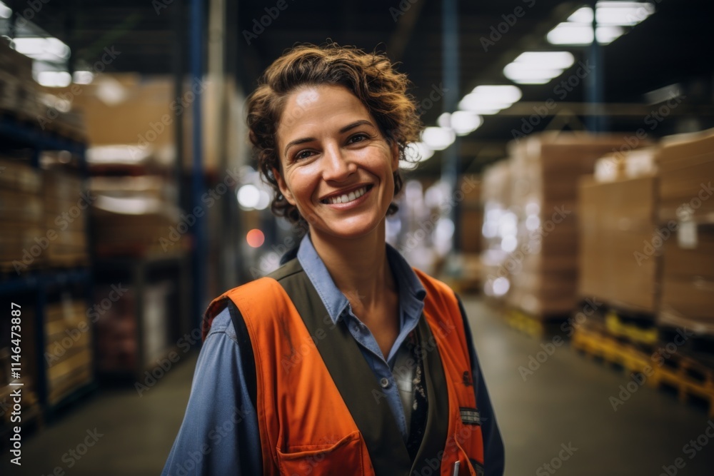 Portrait of a joyful middle aged female warehouse worker Portrait of a joyful middle aged female warehouse worker