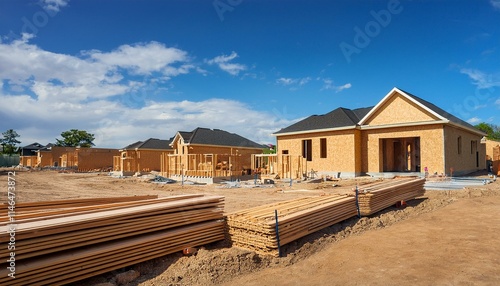 New home development construction site; newly developed subdivision with new construction; brand new suburbs; American home construction site; homes built with wood; new home developers 