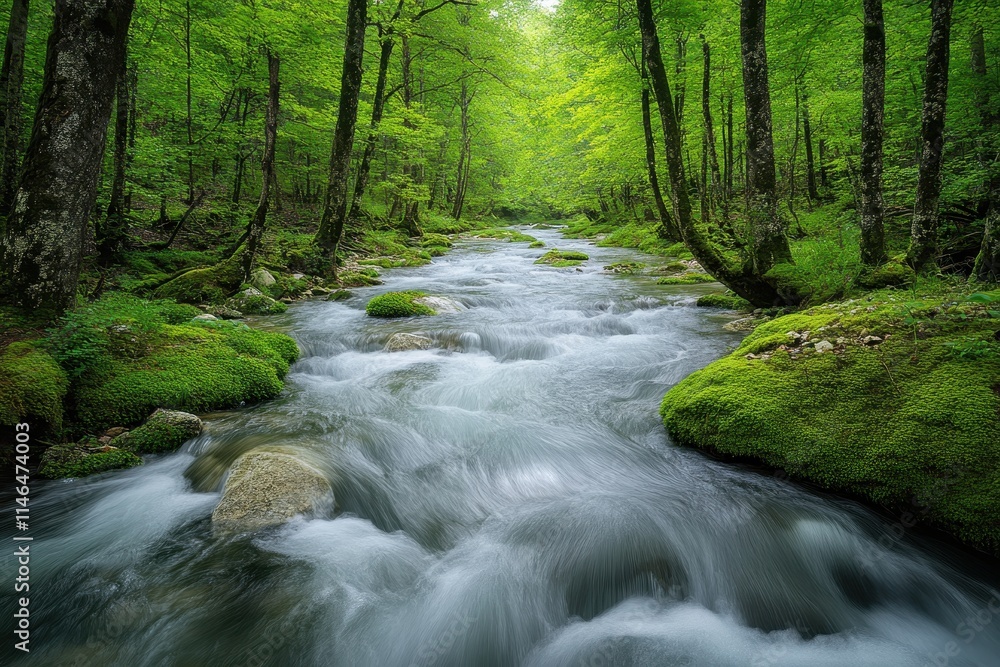 Serene stream flows through lush green forest, mossy rocks line its banks. Perfect for nature, tranquility, and peace themed projects. Serene stream flows through lush green forest, mossy rocks line its banks. Perfect for nature, tranquility, and peace themed projects.