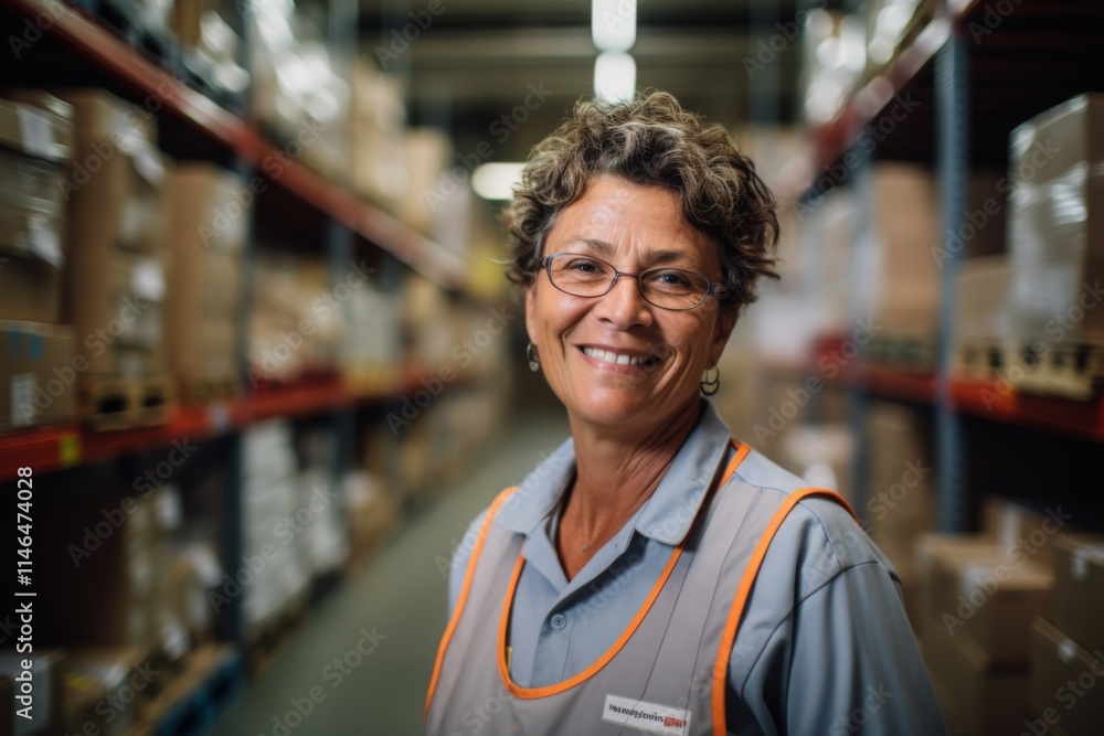 Portrait of a joyful middle aged female warehouse worker Portrait of a joyful middle aged female warehouse worker