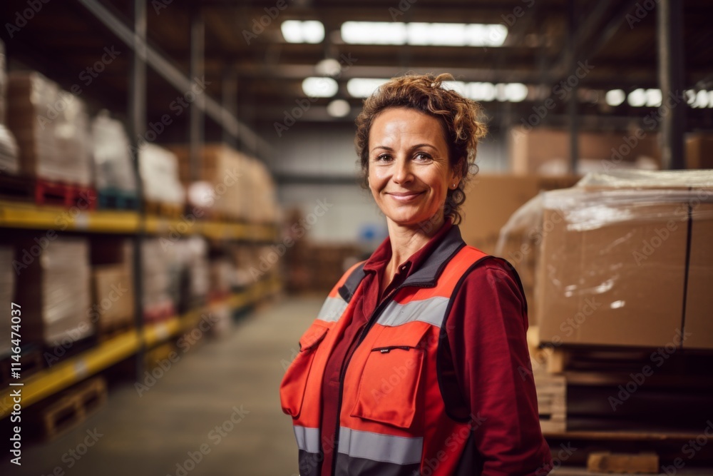 Portrait of a joyful middle aged female warehouse worker Portrait of a joyful middle aged female warehouse worker