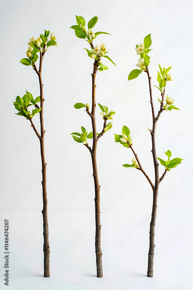 Fototapeta premium A group of three branches with white flowers and green leaves