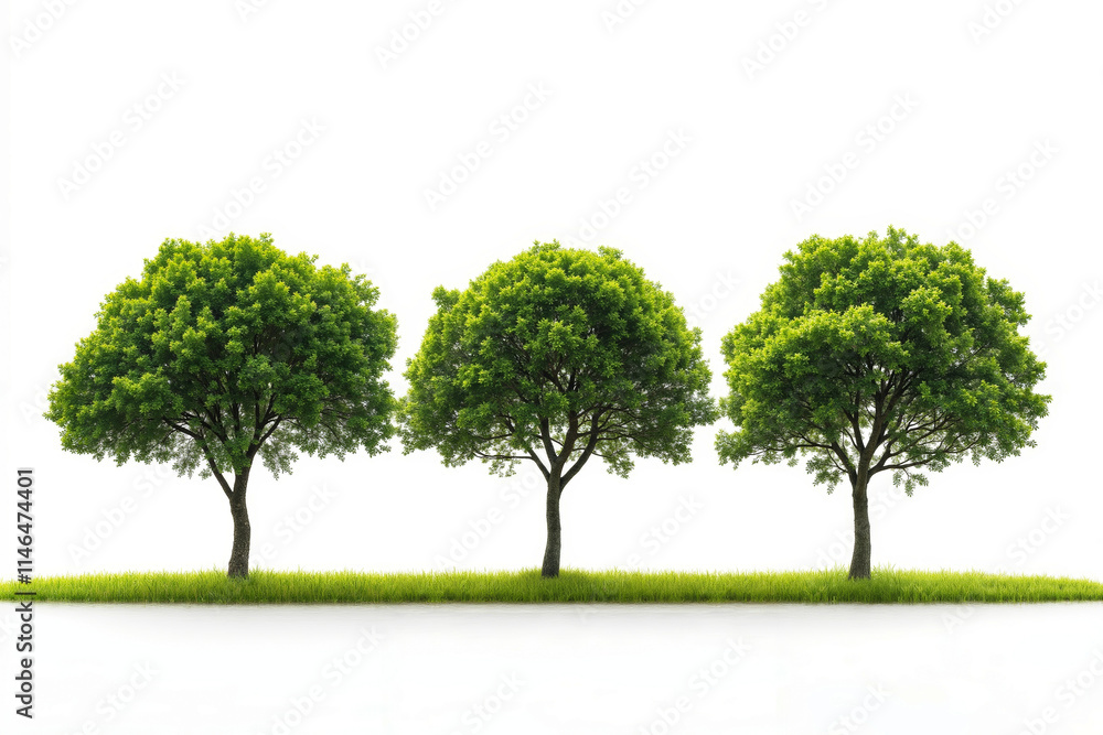 Three trees in a row on a grassy field with a white background Three trees in a row on a grassy field with a white background