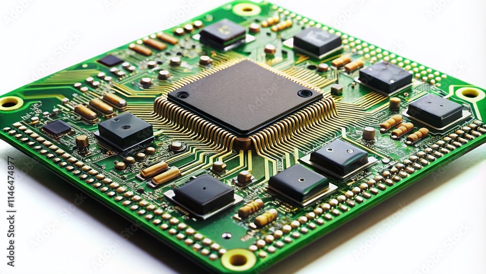Circuit Board Photography: High-Resolution Closeup of Electronic Components on White Background Circuit Board Photography: High-Resolution Closeup of Electronic Components on White Background