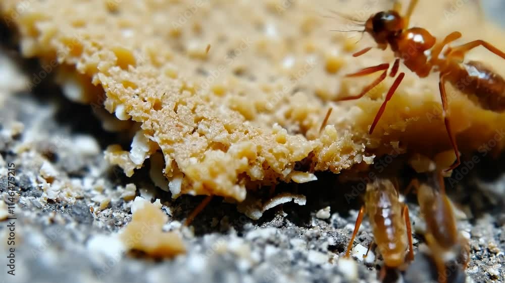 Ants gathering food crumbs on the ground in a close-up view during a sunny day Ants gathering food crumbs on the ground in a close-up view during a sunny day