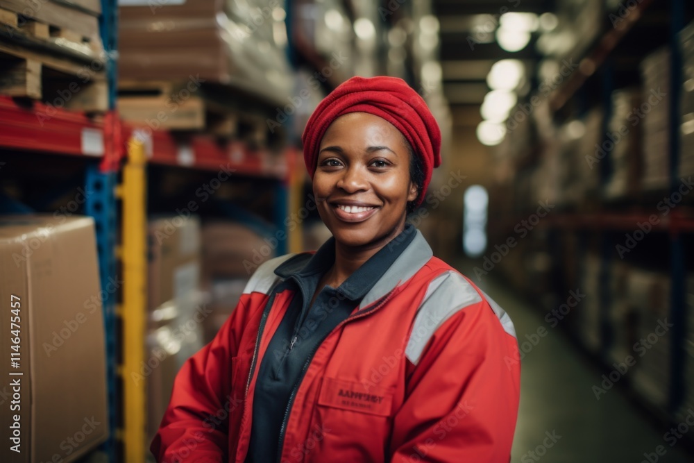 Portrait of a joyful middle aged female warehouse worker Portrait of a joyful middle aged female warehouse worker