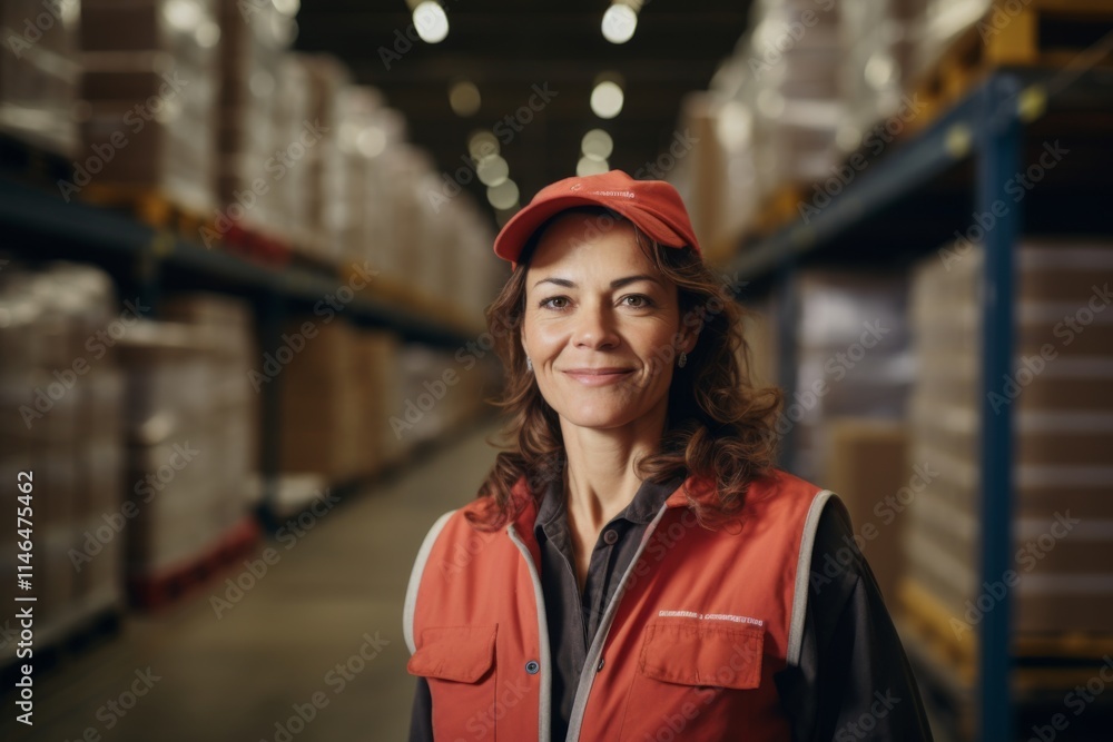 Portrait of a joyful middle aged female warehouse worker Portrait of a joyful middle aged female warehouse worker