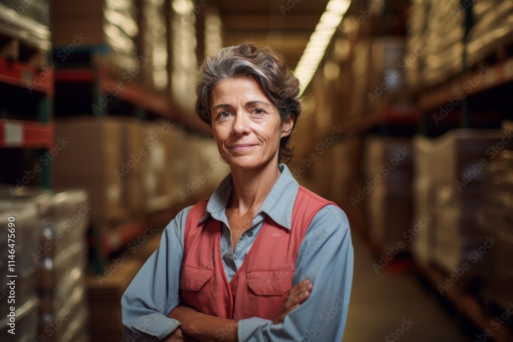 Portrait of a joyful middle aged female warehouse worker Portrait of a joyful middle aged female warehouse worker