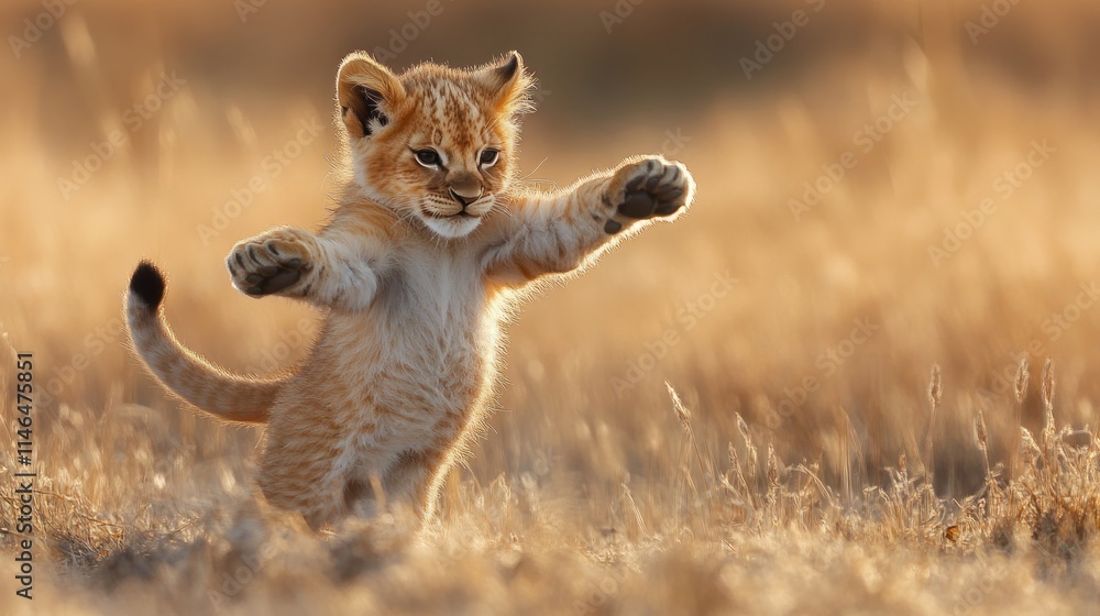Obraz premium Adorable lion cub playfully standing on hind legs in tall grass at sunset.