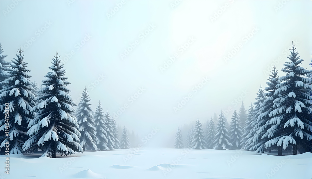 Fototapeta premium Serene Winter Wonderland: Snow-laden pines stand tall in a misty, tranquil forest, creating a breathtaking, peaceful scene.