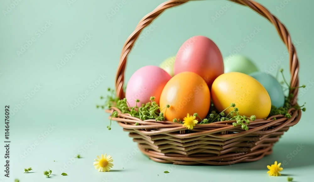 Pastel Easter eggs nestled in a charming wicker basket, adorned with delicate spring blossoms. A delightful spring scene! Pastel Easter eggs nestled in a charming wicker basket, adorned with delicate spring blossoms. A delightful spring scene!