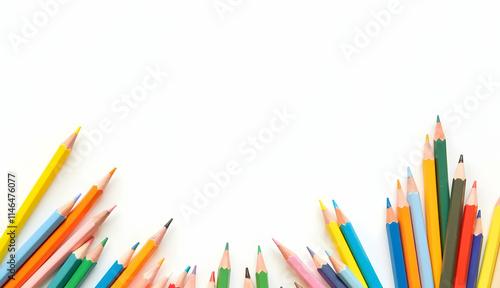 Vibrant colored pencils arranged in a captivating frame against a pristine white backdrop, perfect for creative projects and back-to-school themes.