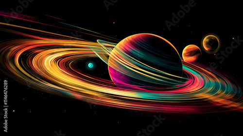 Vibrant cosmic harmony, planets in dynamic elliptical motion, pop art aesthetics, bold hues, sleek vector designs. Ecliptical. Illustration photo