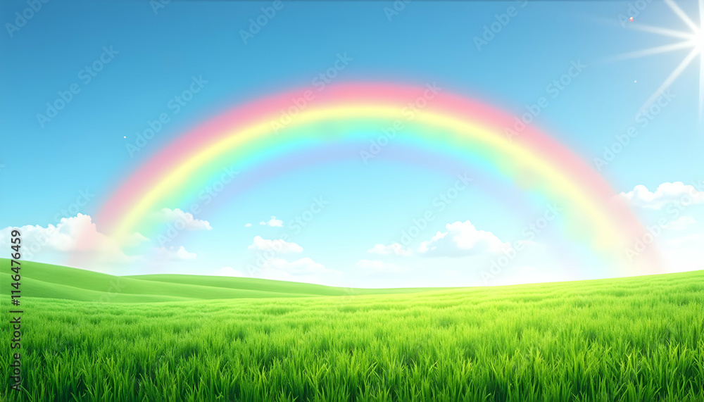 Vibrant rainbow arches over a serene, rolling green field under a bright, sunny sky. A picturesque landscape of nature's beauty. Vibrant rainbow arches over a serene, rolling green field under a bright, sunny sky. A picturesque landscape of nature's beauty.