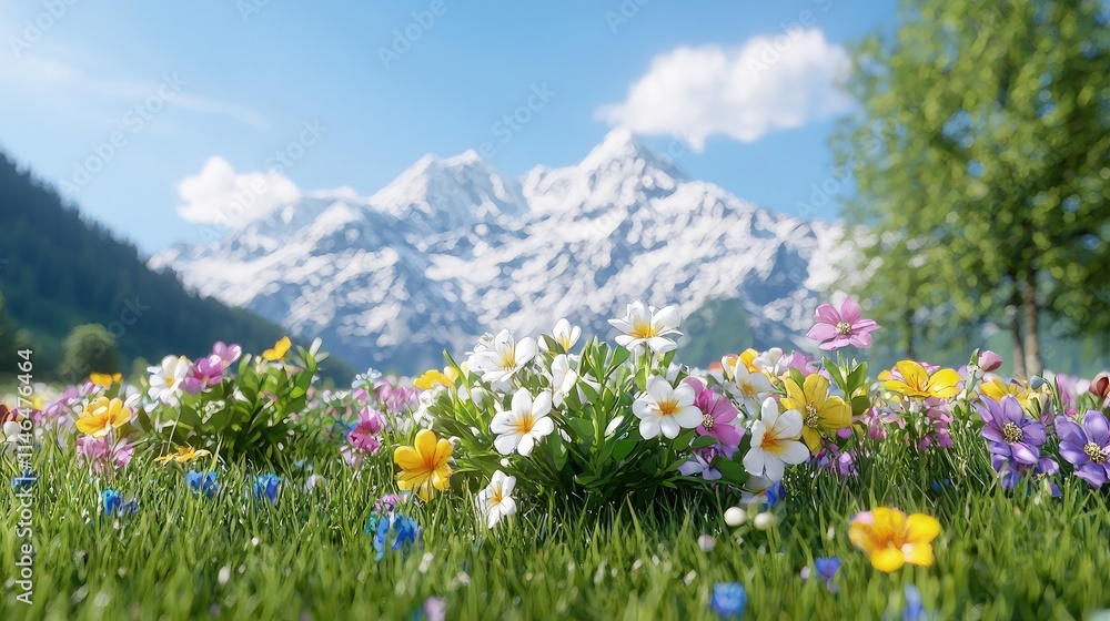 Vibrant wildflowers bloom in a lush meadow with majestic snow-capped mountains in the background under a bright, sunny sky.