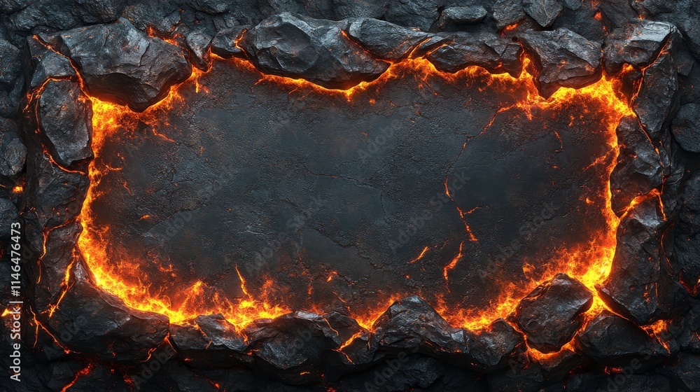 Molten Lava Frame Encircling Dark Volcanic Rock Molten Lava Frame Encircling Dark Volcanic Rock