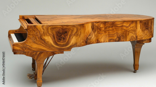 Antique grand piano with ornate wood veneer. photo