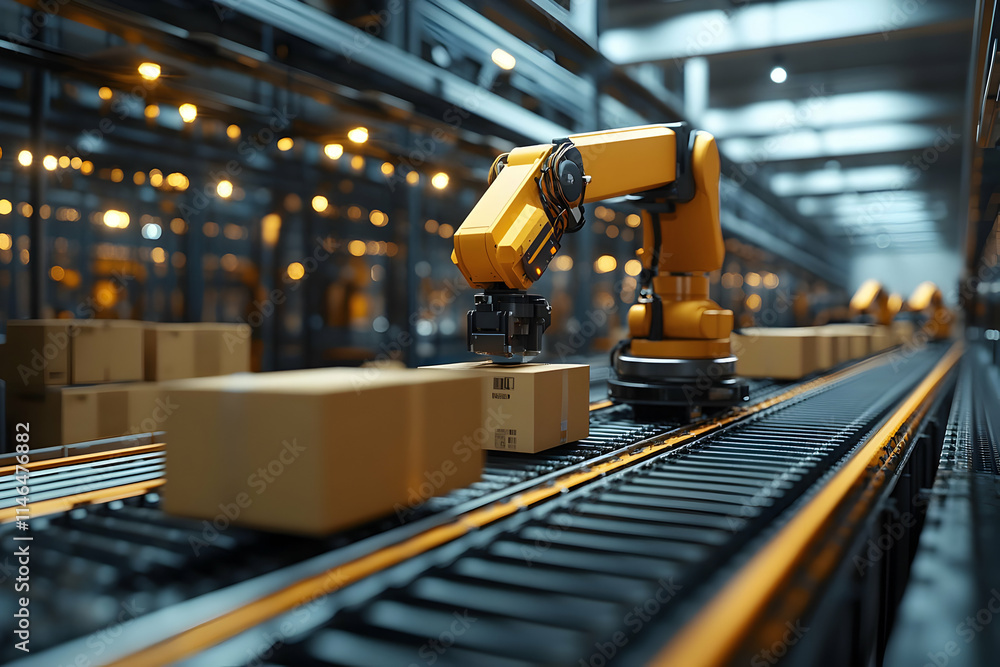 A robotic arm sorts boxes on a conveyor belt in a modern warehouse setting. A robotic arm sorts boxes on a conveyor belt in a modern warehouse setting.