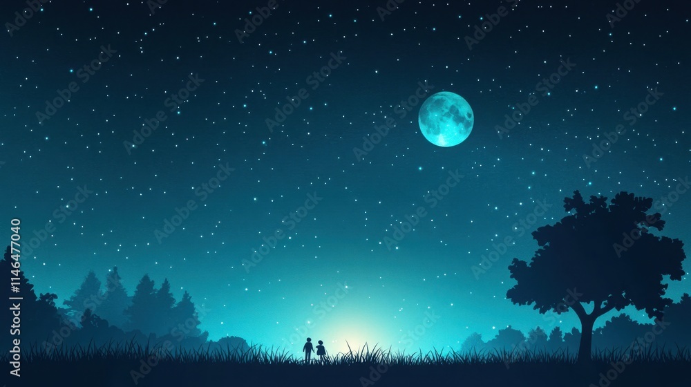 Romantic Night Under Starry Sky with Bright Moonlight Glow Romantic Night Under Starry Sky with Bright Moonlight Glow