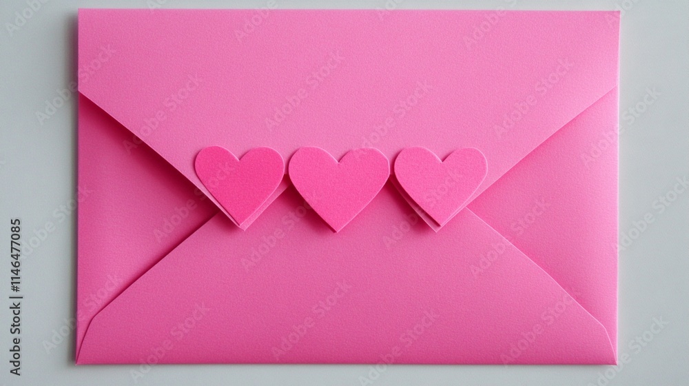 Pink love letter envelope decorated with three heart shapes on top, romantic Valentine's Day mail concept on light background, minimalist paper craft design Pink love letter envelope decorated with three heart shapes on top, romantic Valentine's Day mail concept on light background, minimalist paper craft design
