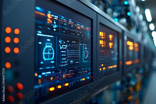 Wallpaper Mural Control panels displaying data and metrics in a high-tech industrial environment. Torontodigital.ca