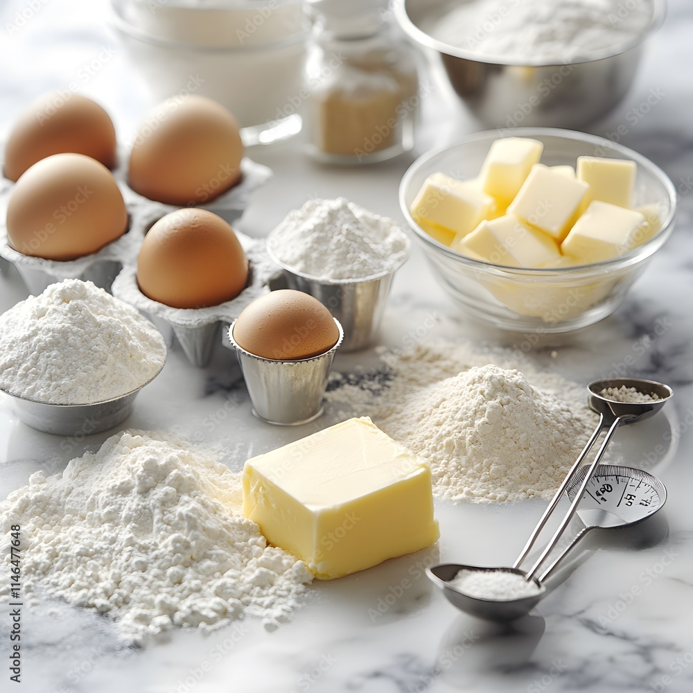 Baking ingredients flour, butter, eggs, sugar, salt. Baking ingredients flour, butter, eggs, sugar, salt.