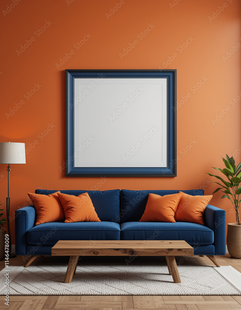 Create an empty frame poster mockup in various living room settings, featuring different wall colors like deep blues, warm neutrals, or vibrant hues, with diverse frame styles such as sleek black. Create an empty frame poster mockup in various living room settings, featuring different wall colors like deep blues, warm neutrals, or vibrant hues, with diverse frame styles such as sleek black.