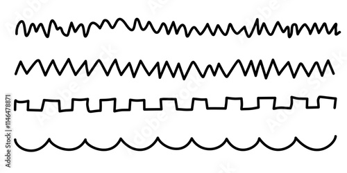 Set of various hand drawn black lines, wavy line and underlines as design elements, isolated on white background.