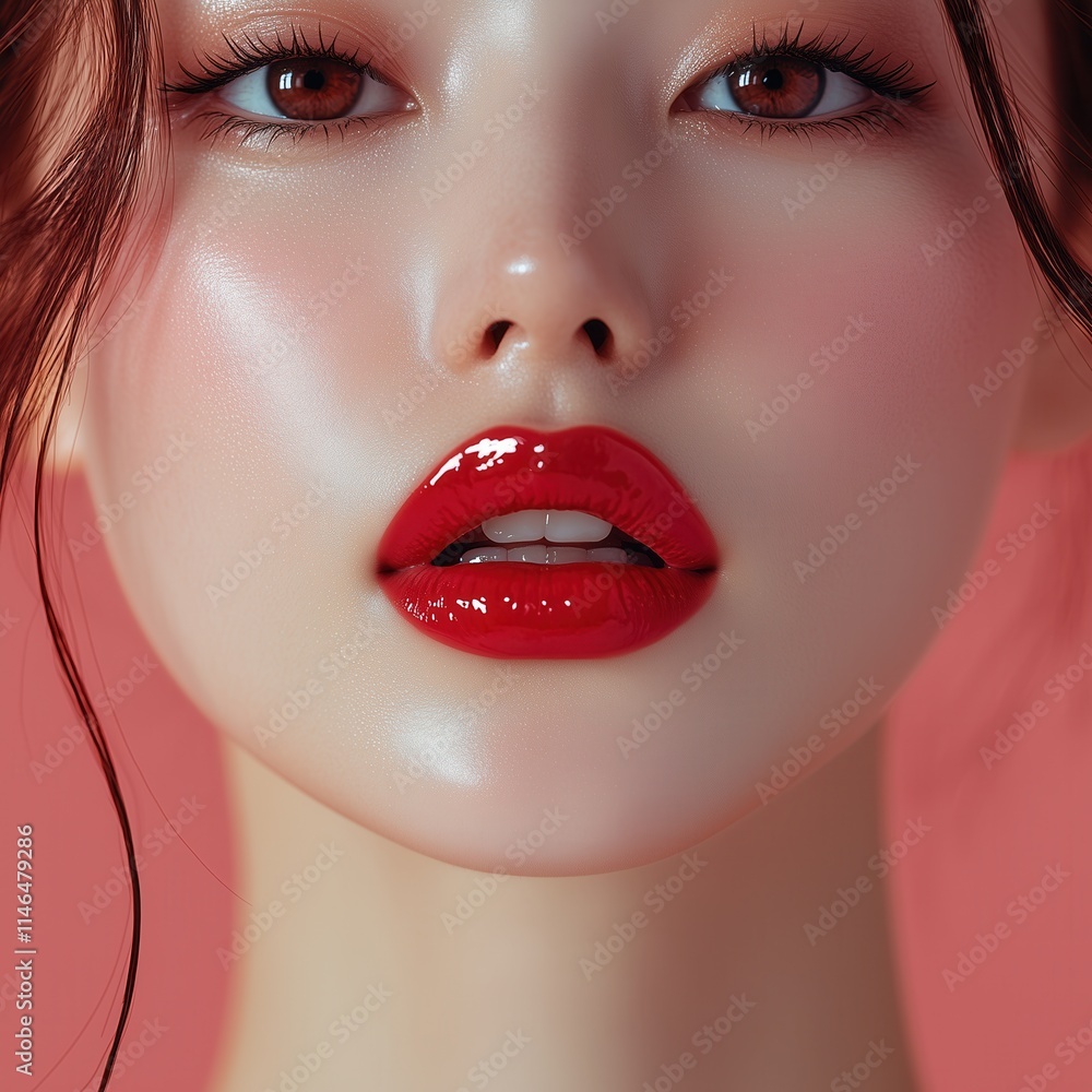 Obraz premium Woman with red lipstick on light background, closeup