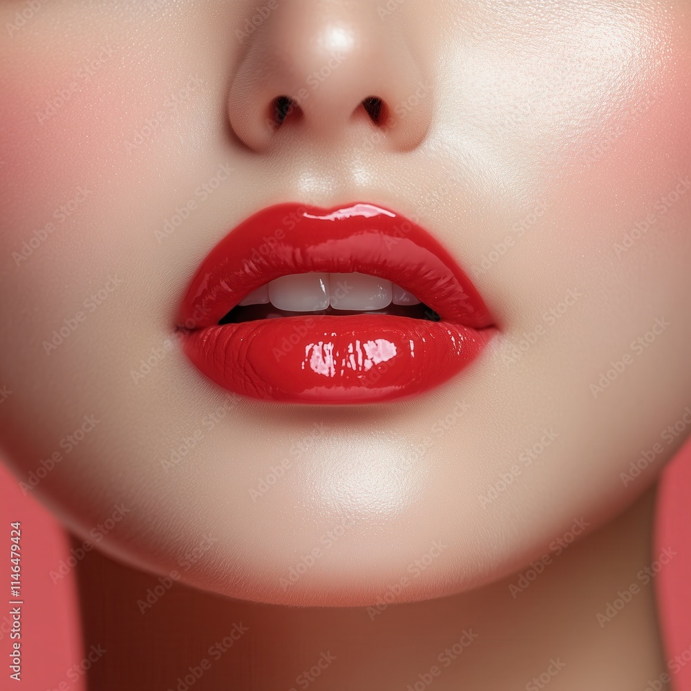 Obraz premium Woman with red lipstick on light background, closeup