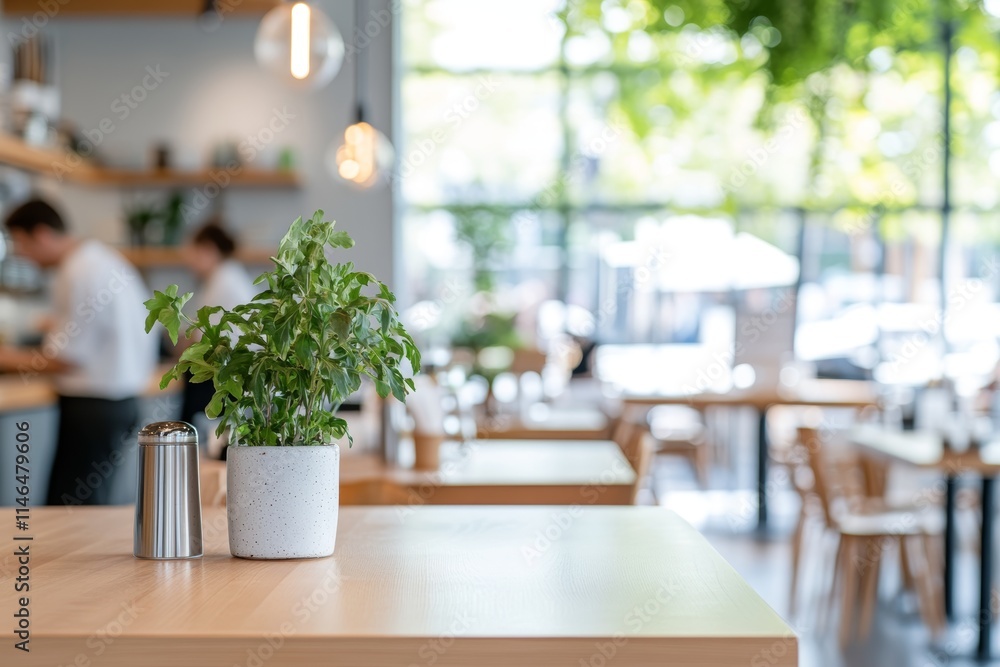 A cozy caf? interior featuring a potted plant and a salt shaker on a wooden table. A cozy caf? interior featuring a potted plant and a salt shaker on a wooden table.