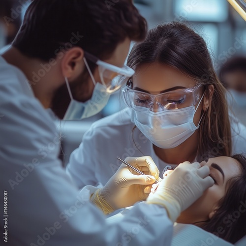 dentist wearing face mask holding dental instruments while working with patient in dental clinic