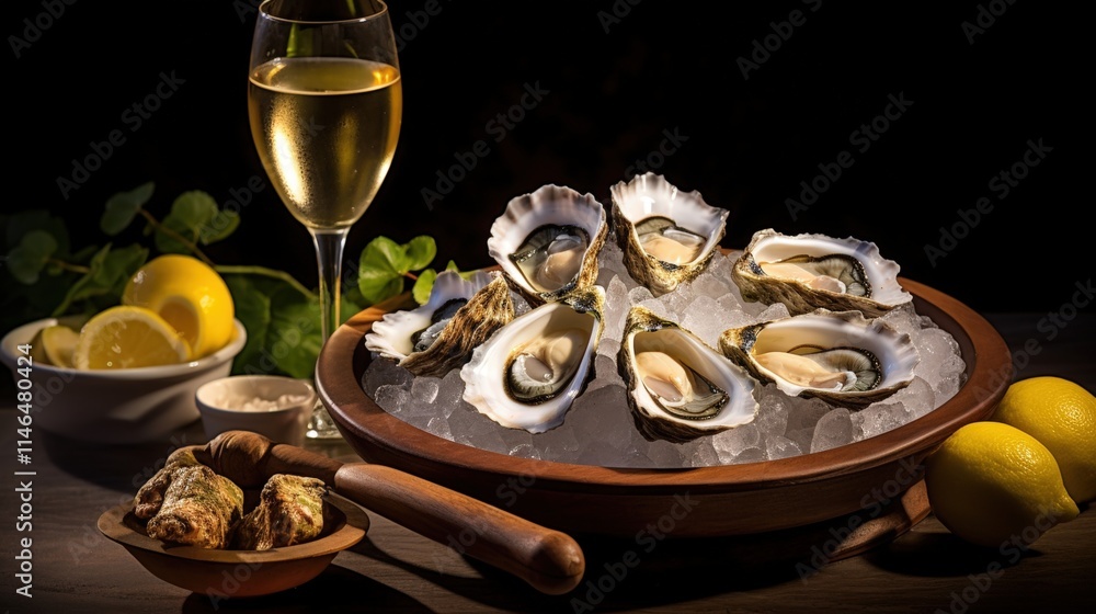 Fototapeta premium Freshly Shucked Oysters on Ice with Lemon Slices and White Wine in Elegant Setting Perfect for Gourmet Dining Experience