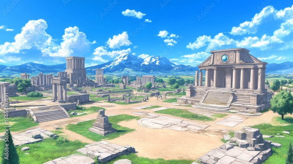 Obraz premium Ancient Ruins in a Serene Valley Landscape under a Sunny Sky