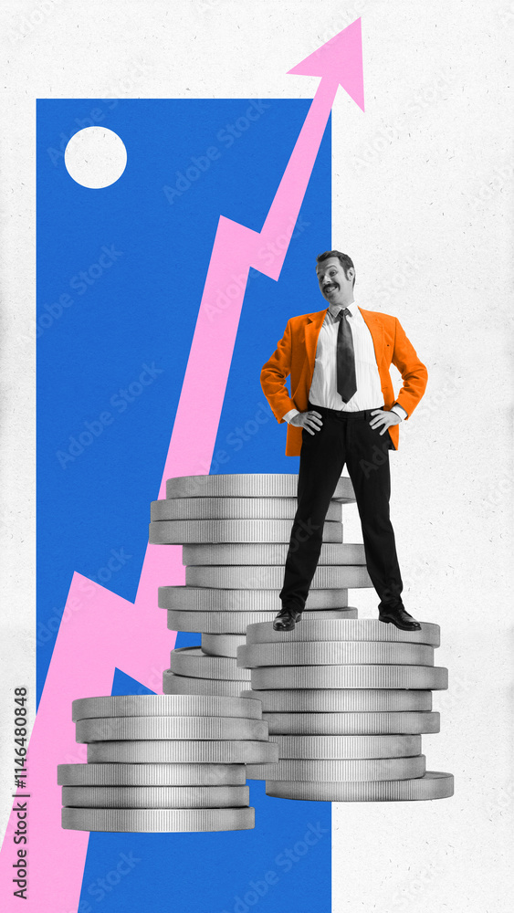 Fototapeta premium Contemporary art collage. Confident, successful young male businessman stand on huge stack of coins against background with raising up chart arrow. Business strategy, investment, development concept.
