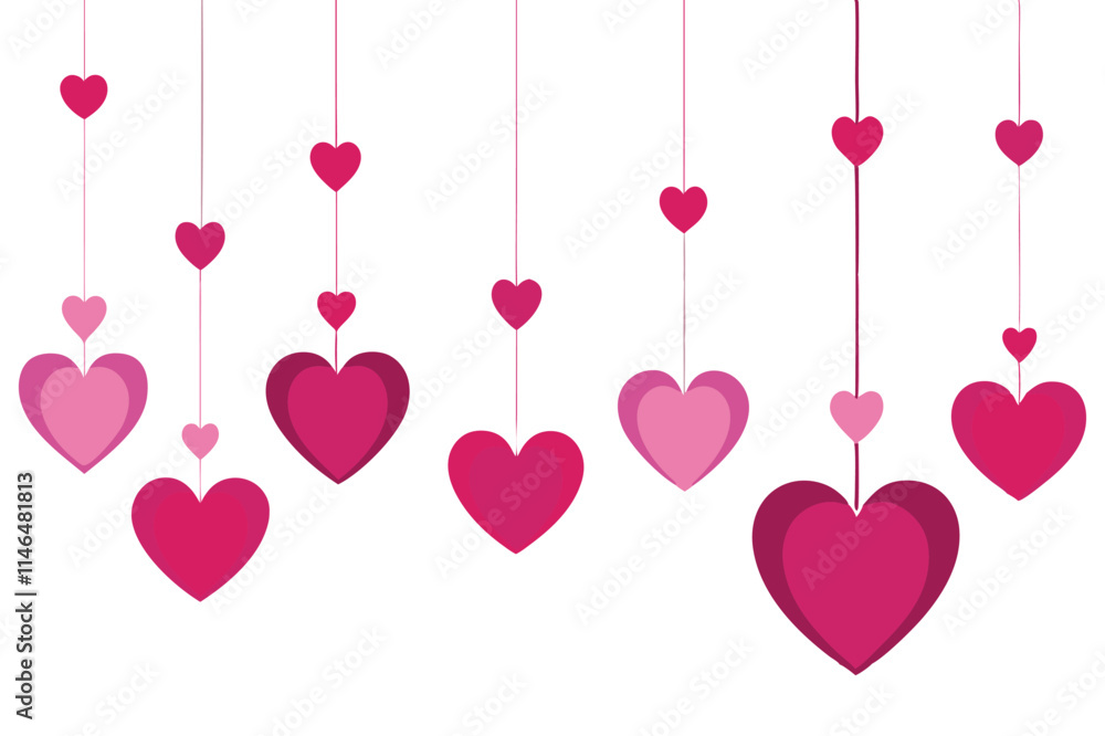 Hanging Falling hearts confetti illustration for Valentines day concept with heart pattern background Hanging Falling hearts confetti illustration for Valentines day concept with heart pattern background