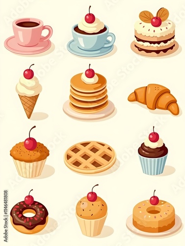 Retro groovy desserts and coffee characters set. Coffee, ice cream, croissant, pancakes, cake, donut, cupcake, waffle, cheesecake, bun, cookie. photo