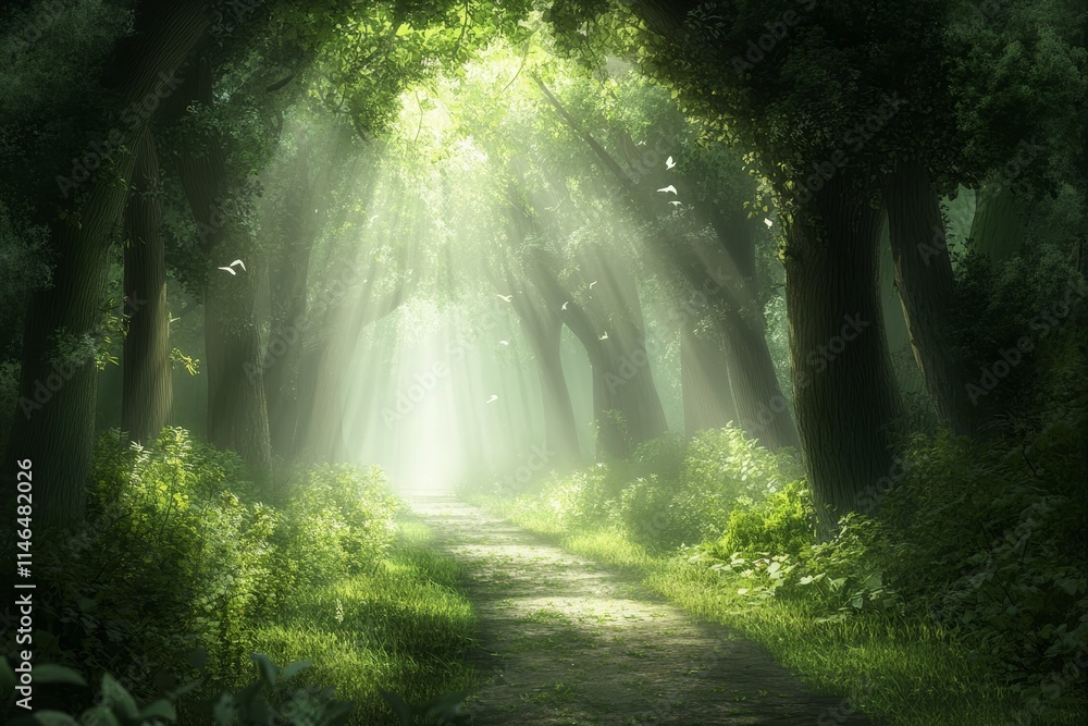 Obraz premium Sunbeams illuminate a mystical forest path.