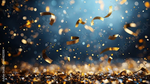 Abstract background with golden confetti and bokeh lights, creating a festive, celebratory atmosphere, perfect for holiday and party themes.