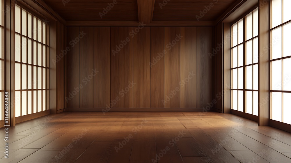 Empty minimalist room with wood panel walls, creating calm and cozy atmosphere Empty minimalist room with wood panel walls, creating calm and cozy atmosphere