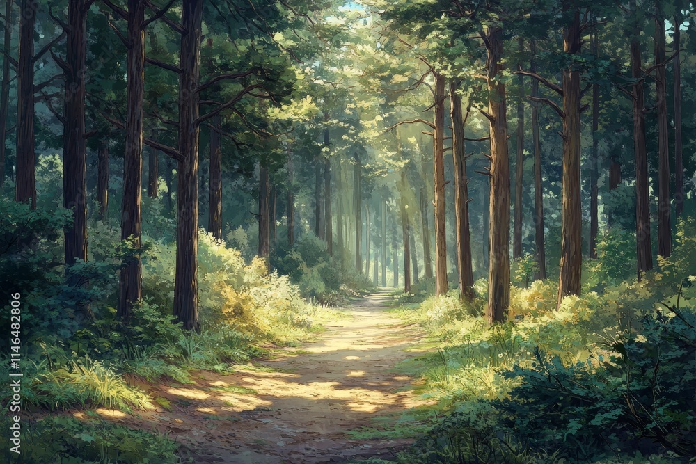 Fototapeta premium Sunlit path through a lush green forest with tall trees and shadows.