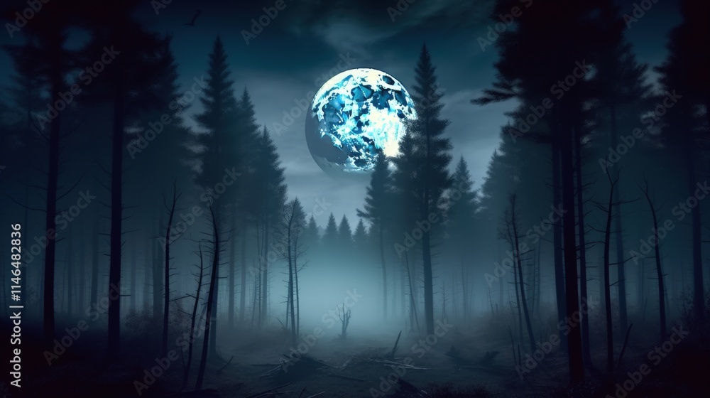 Enchanting Night in a Dark Forest with a Mystical Full Moon Above, Illuminating the Trees and Creating a Haunting Atmosphere Enchanting Night in a Dark Forest with a Mystical Full Moon Above, Illuminating the Trees and Creating a Haunting Atmosphere