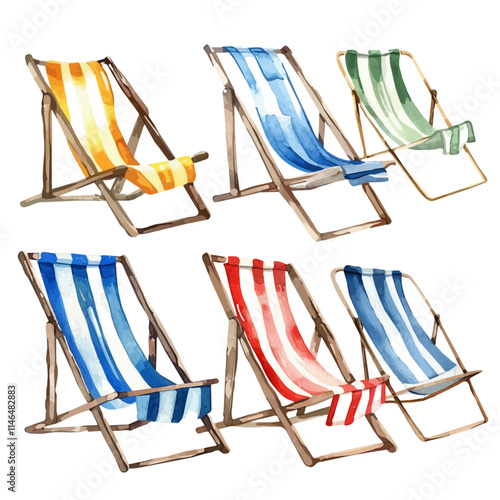 A watercolor vector of a set of colorful summer beach chairs, isolated on a white background. Set of colorful summer beach chairs vector.
