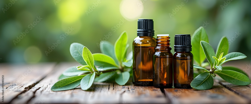 Nature's Remedy: Three amber bottles of essential oil, nestled amongst vibrant green leaves on rustic wood, evoke tranquility and well-being. Nature's Remedy: Three amber bottles of essential oil, nestled amongst vibrant green leaves on rustic wood, evoke tranquility and well-being.