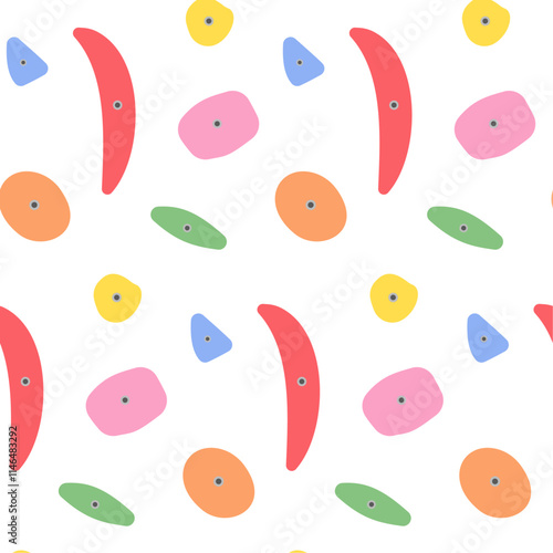 Climbing wall with colored holds, pattern background. Sport rock activity, fitness indoor or outdoor, texture gym grip bouldering, adventure climbing, vector illustration
