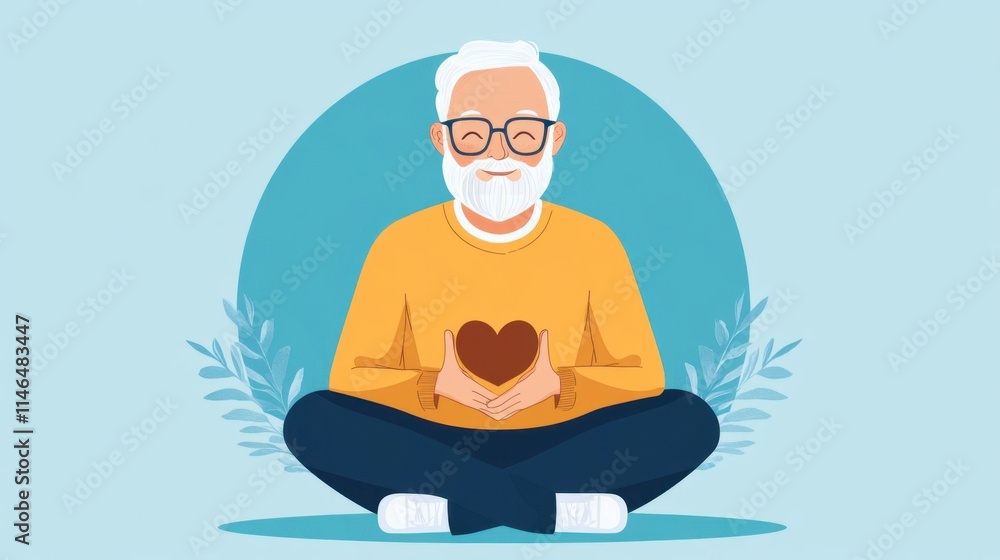 Senior Man with White Beard Holding Heart in Hands Illustration Senior Man with White Beard Holding Heart in Hands Illustration