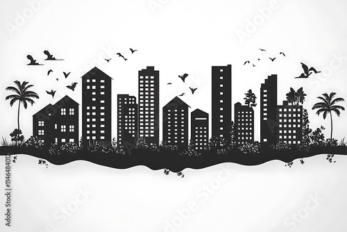 City Skyline Silhouette Vector Illustration at Night with Skyscrapers and Urban Architecture photo