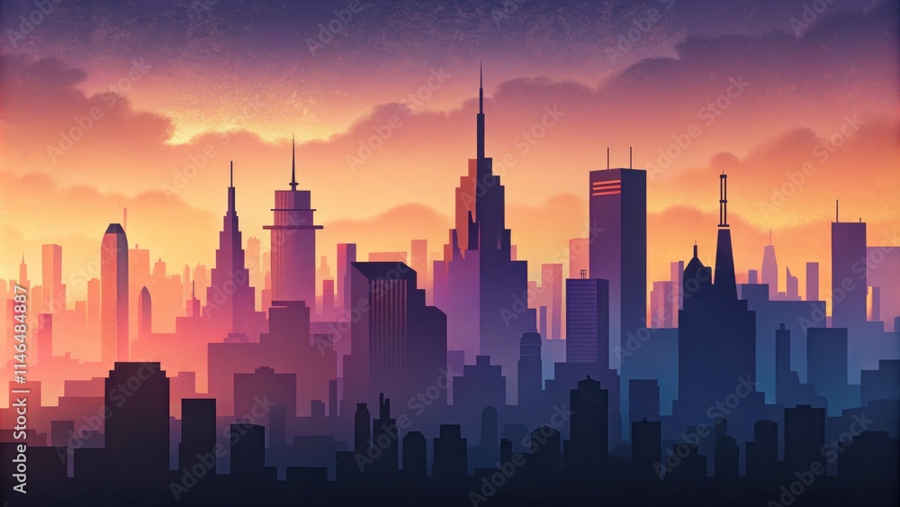 Fototapeta premium City Silhouette Illustration of Skyline at Sunset in Warm Hues