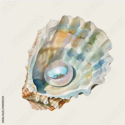 A watercolor vector of a shimmering pearl inside an open seashell, isolated on a white background. Shimmering pearl seashell vector.
